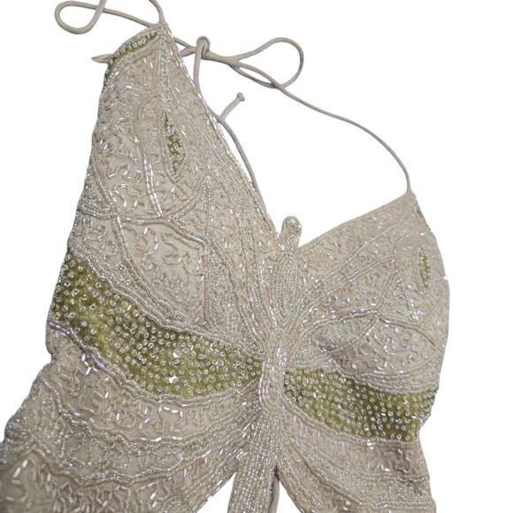 Y2K 5.7.9 Vintage Beaded Sequin Butterfly Halter Top Medium Green Cream - Picture 2 of 7